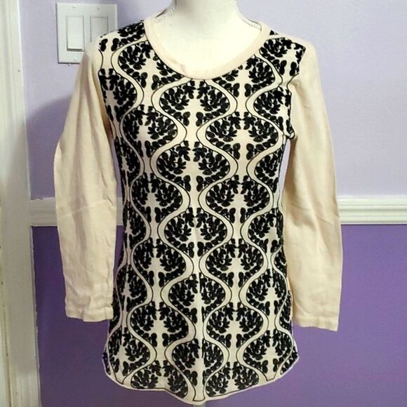 J Crew Factory Cream & Black Boho Floral Embroidered Fitted Knit Sweater - Picture 2 of 9